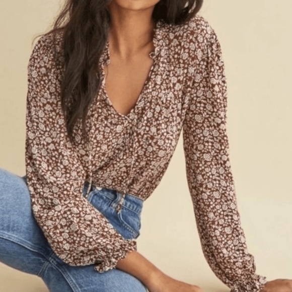 Reformation Amira Brown and White Floral Blouse | Size XS - Picture 2 of 11